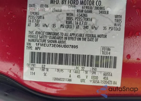 2006 Ford Explorer Xlt z USA, uszkodzony, nr VIN 1FMEU73E06UB07895